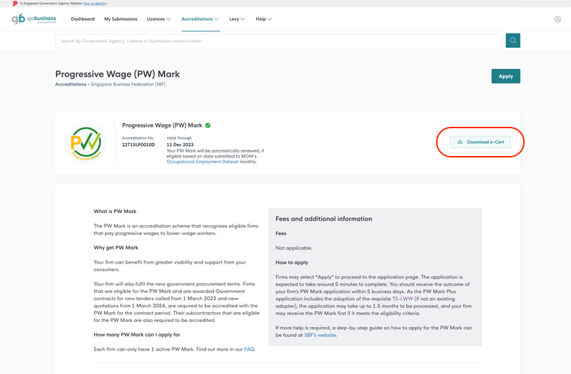 PW Mark e-cert download on GoBusiness dashboard